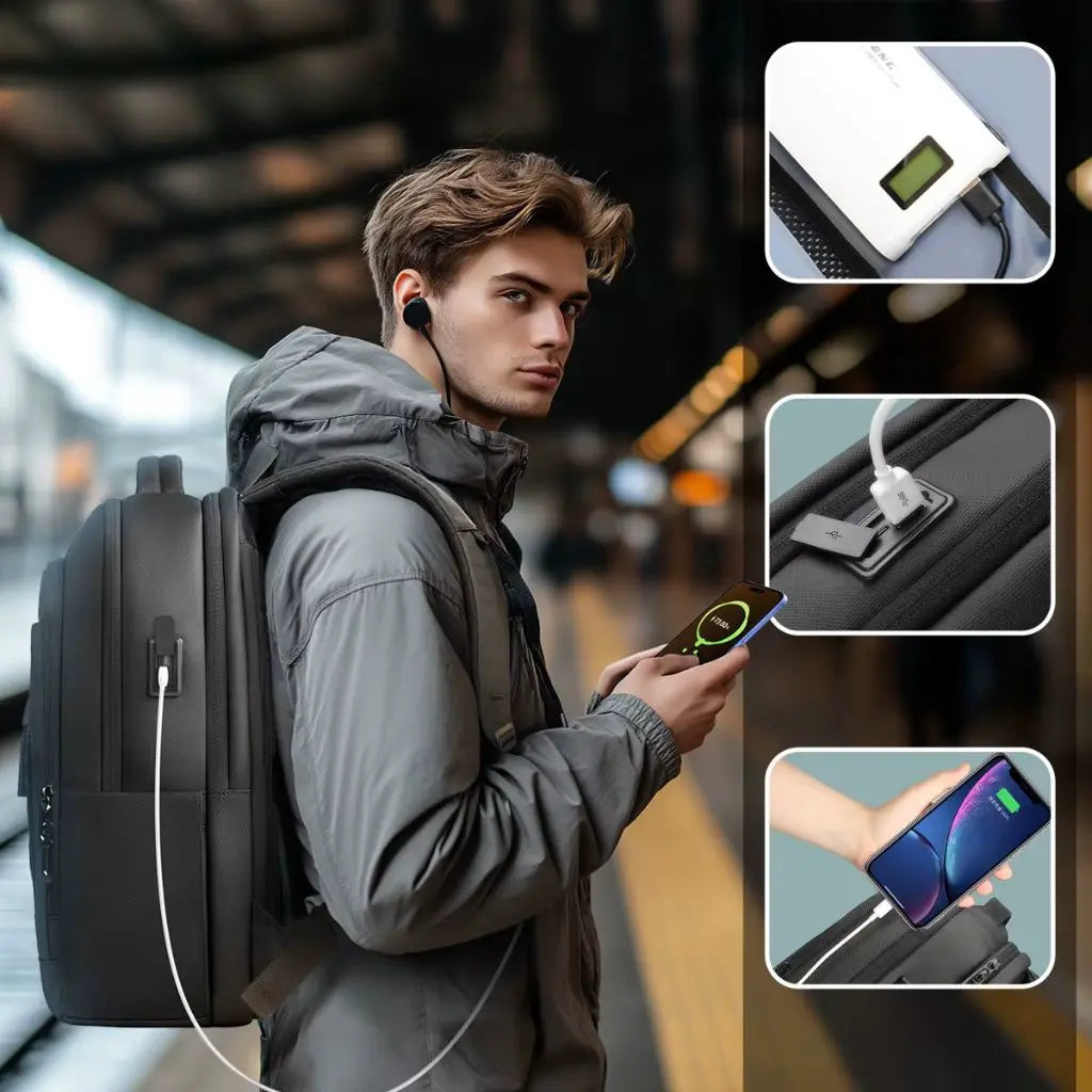 Jonge man met grijze jas draagt een laptop rugzak 16 inch zwart en laadt zijn smartphone op met de ingebouwde USB-oplaadpoort.