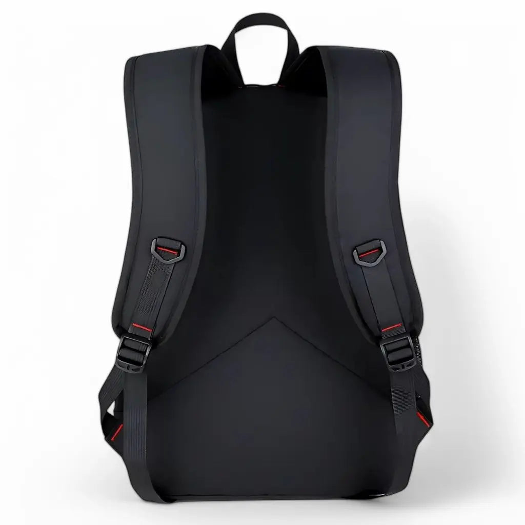 Achterkant van een zwarte laptop rugzak 17.3 inch met brede, ergonomische en verstelbare schouderbanden. De rugzak heeft een ademend rugpaneel voor extra comfort.