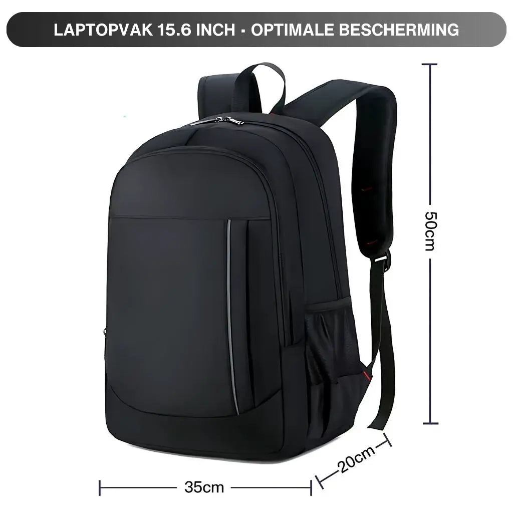 Zwarte laptop rugzak 17.3 inch, met afmetingen aangegeven: 50 cm hoog, 35 cm breed en 20 cm diep. Het ontwerp is modern en functioneel met meerdere vakken en gewatteerde schouderbanden.