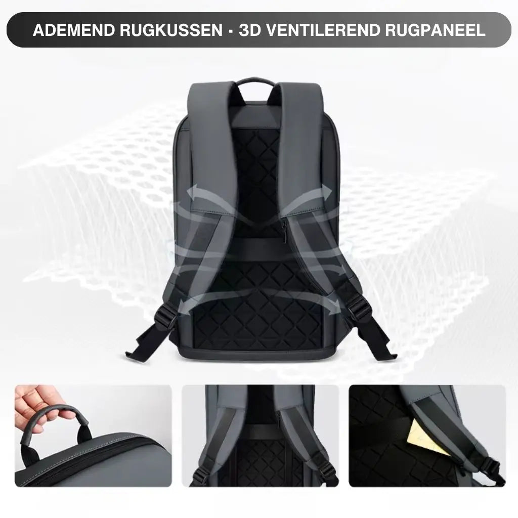 Achterzijde van laptop rugzak 17 inch grijs met ademend rugpaneel en ergonomische schouderbanden voor optimaal draagcomfort.