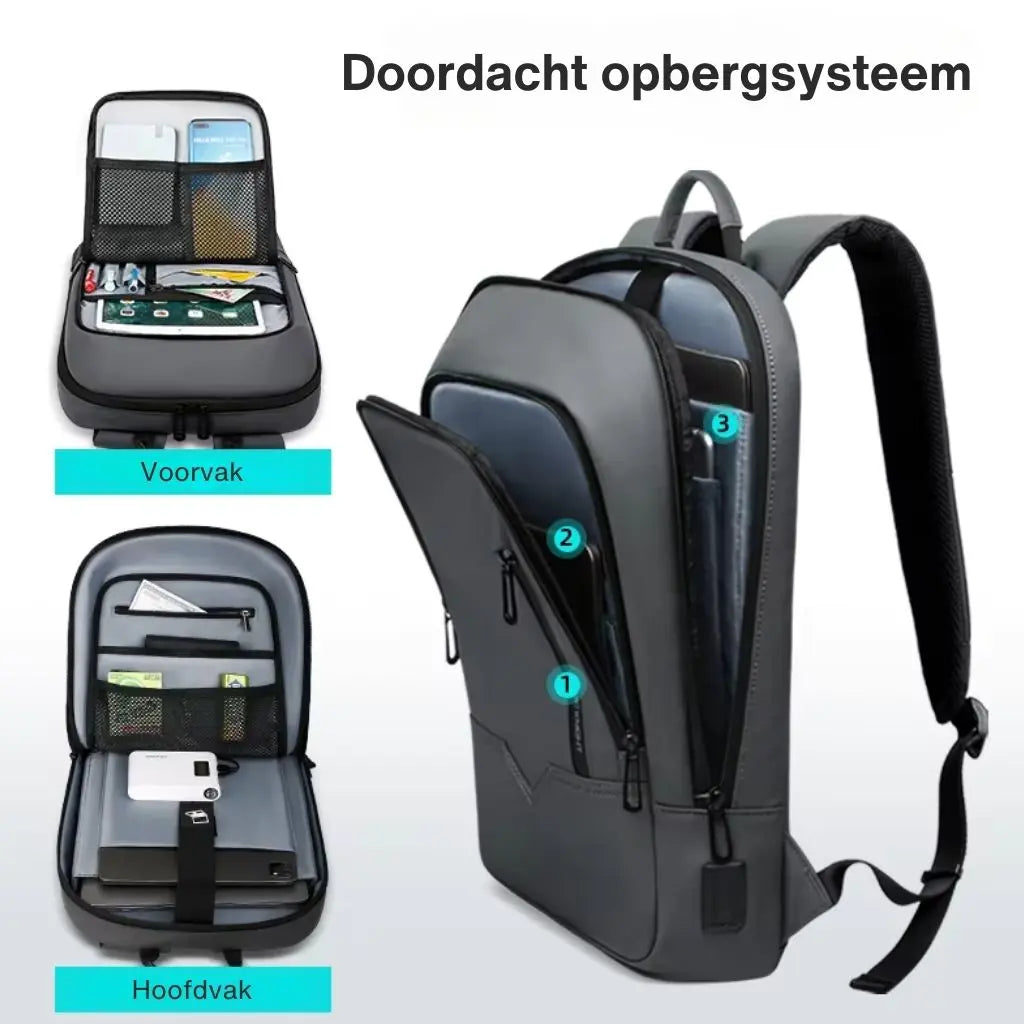 Open laptop rugzak 17 inch grijs met meerdere slimme opbergvakken, ideaal voor het organiseren van elektronische apparaten en documenten.