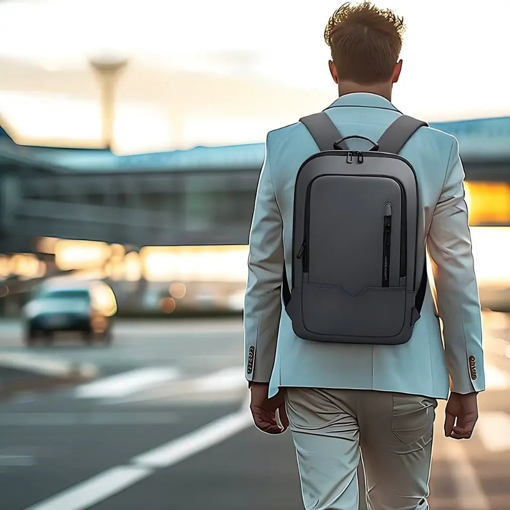 Man in een wit pak draagt een laptop rugzak 17 inch grijs op zijn rug terwijl hij loopt bij een luchthaven, wat de zakelijke en reismogelijkheden benadrukt.
