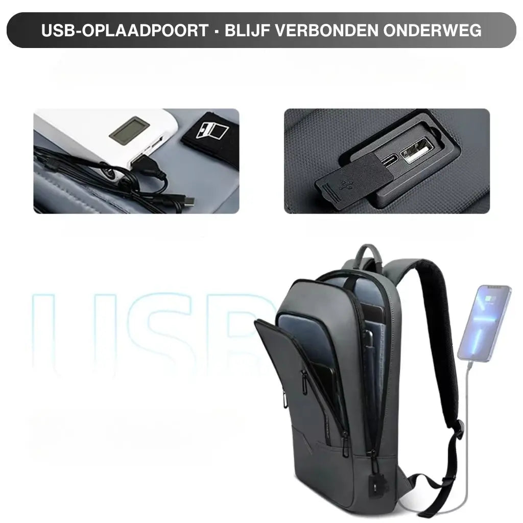 Laptop rugzak 17 inch grijs met ingebouwde USB-oplaadpoort, perfect voor het opladen van apparaten onderweg.