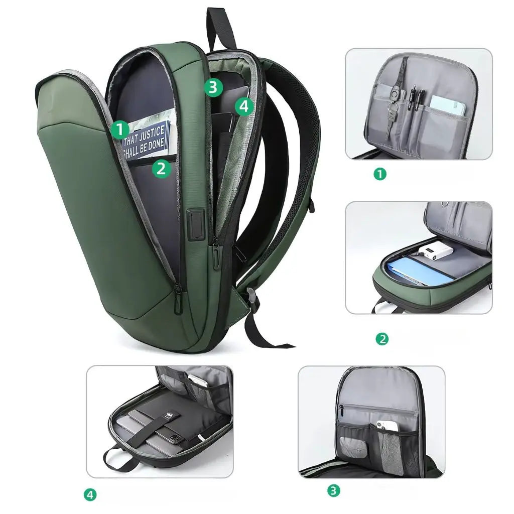 Open laptop rugzak 17 inch groen met meerdere georganiseerde vakken, geschikt voor laptop, tablet, documenten en accessoires.