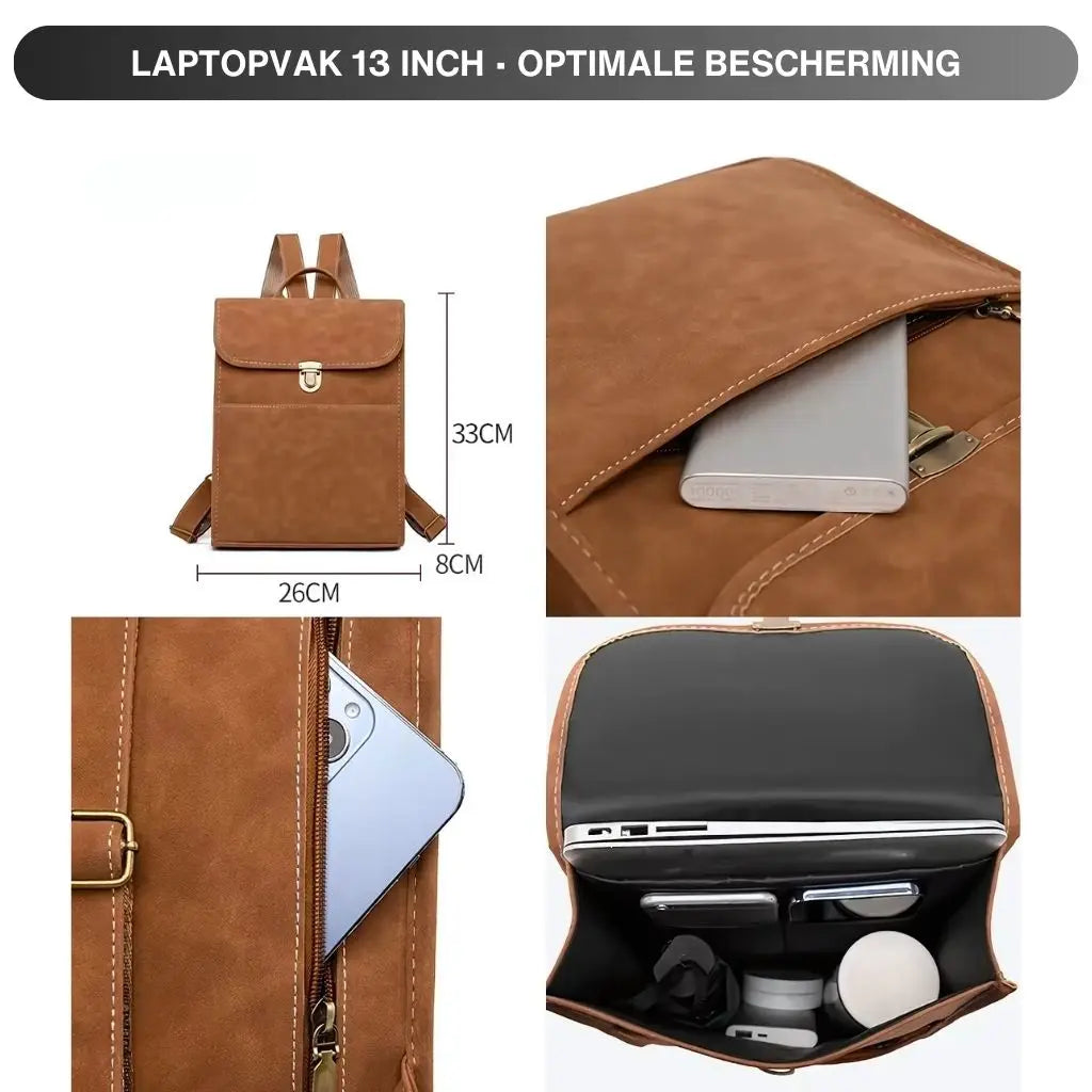 Laptop rugzak dames 13 inch met overzicht van de binnenkant en afmetingen. Ruim hoofdvak, laptopvak en extra ritsvakken voor veilige opslag.