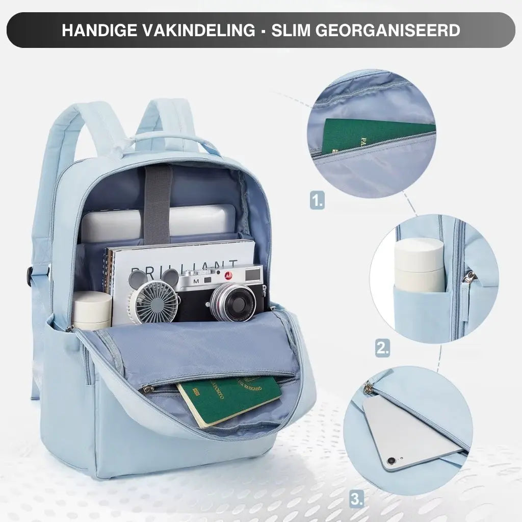 Laptop rugzak dames 15.6 inch blauw - Slim georganiseerde binnenkant met vakken voor laptop, boeken en accessoires.