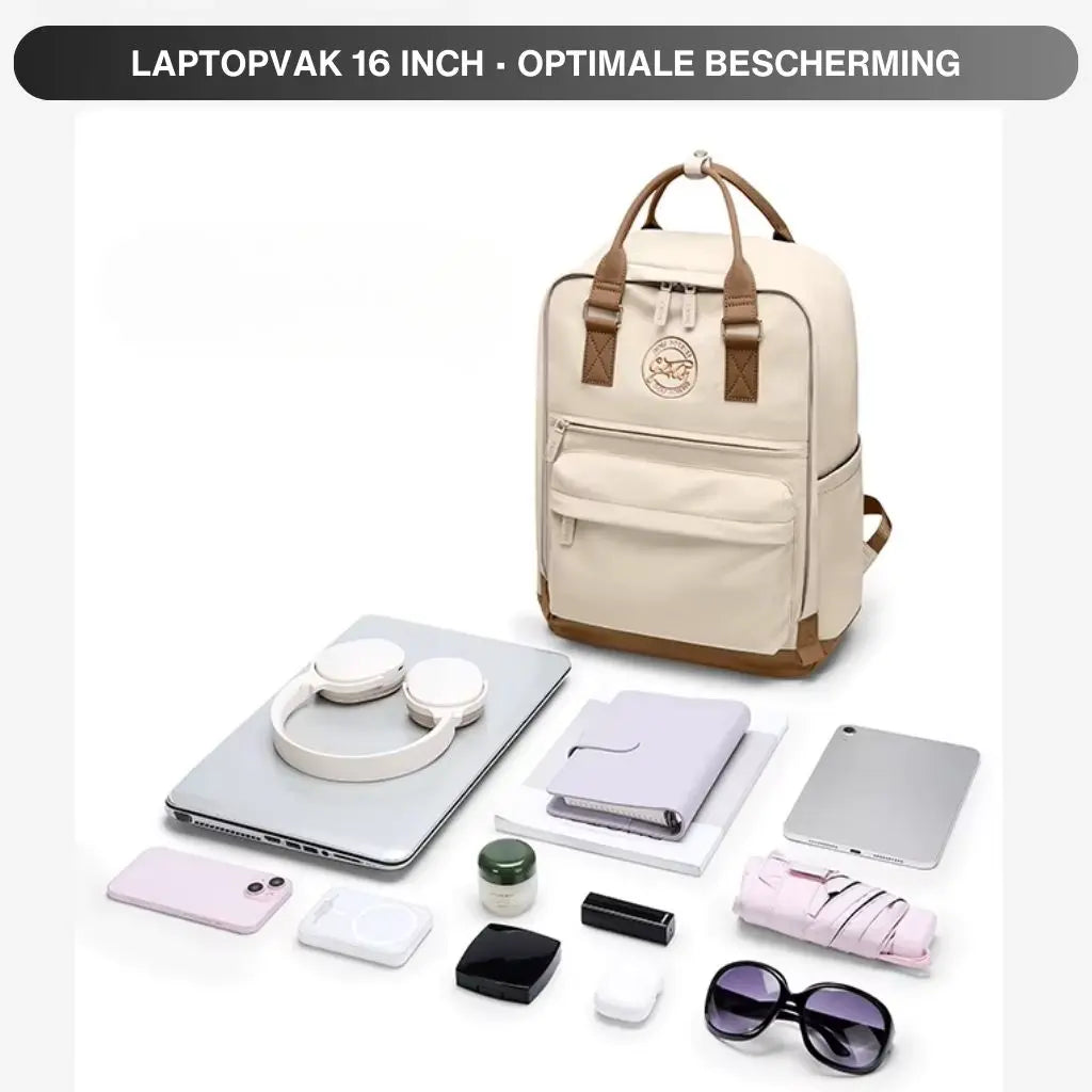 Infographic die de laptop rugzak dames 16 inch toont met daarbij alle items die erin passen: 16 inch laptop, koptelefoon, notitieboek, tablet, smartphone, paraplu, make-up tas en andere essentiële items voor dagelijks gebruik. De rugzak biedt optimale bescherming voor alle Elektronische apparaten.