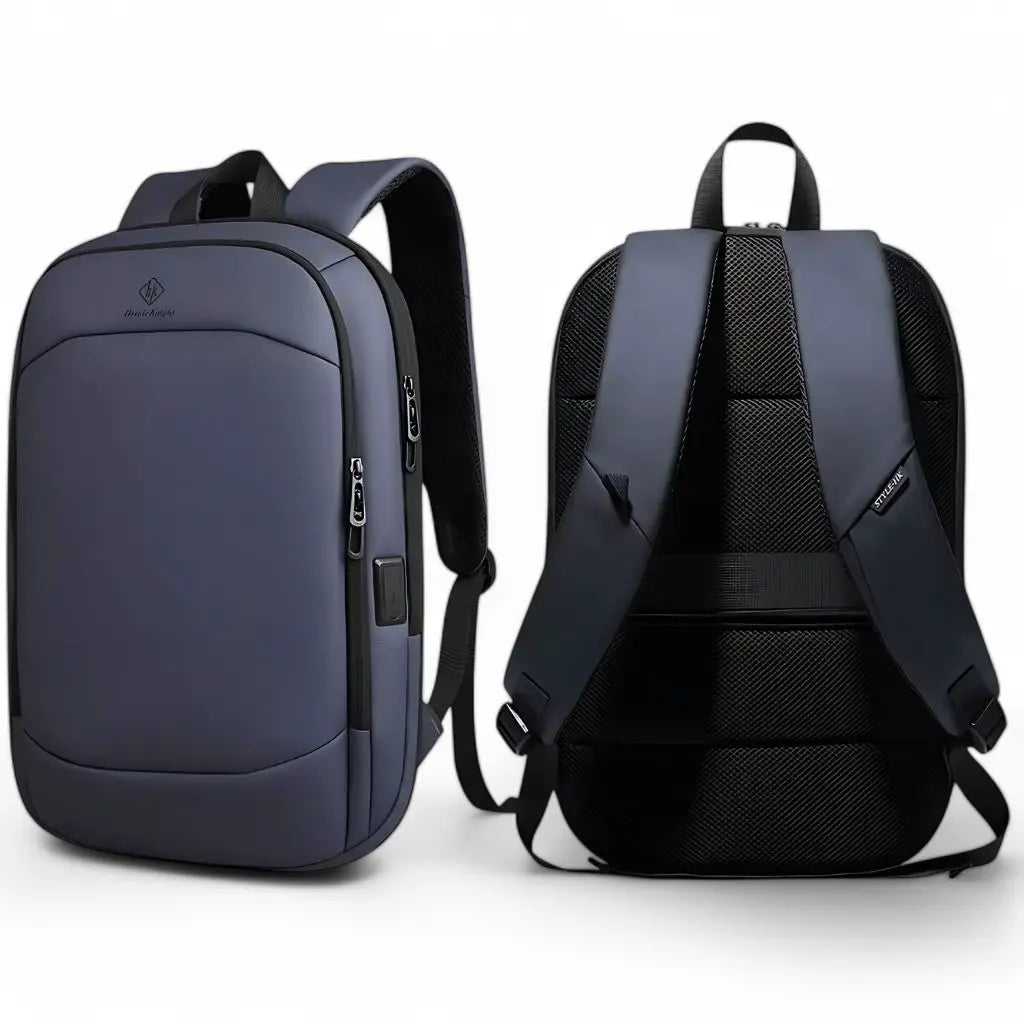 Laptop rugzak dames 17 inch blauw, weergegeven vanaf de voor- en achterkant, met ademend rugpaneel, ergonomische schouderbanden en verstevigd handvat.