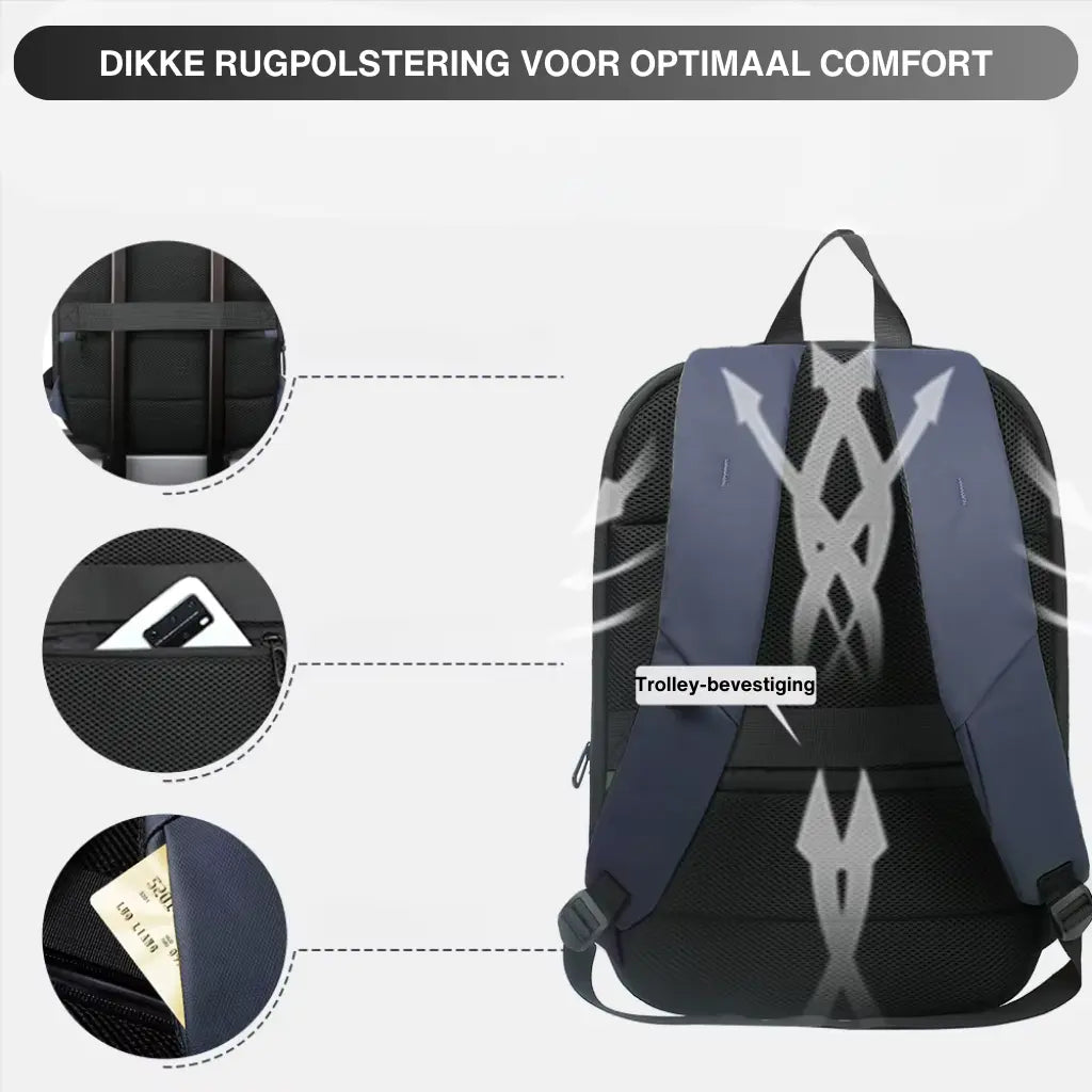 Een laptop rugzak dames 17 inch met dikke rugpolstering voor optimaal draagcomfort. De afbeelding toont de ergonomische achterkant van de rugzak met gewatteerde meshpanelen voor luchtcirculatie, een verborgen vak voor waardevolle spullen en een trolley-bevestiging voor gemakkelijk reizen. De rugzak combineert comfort met praktische functionaliteit.