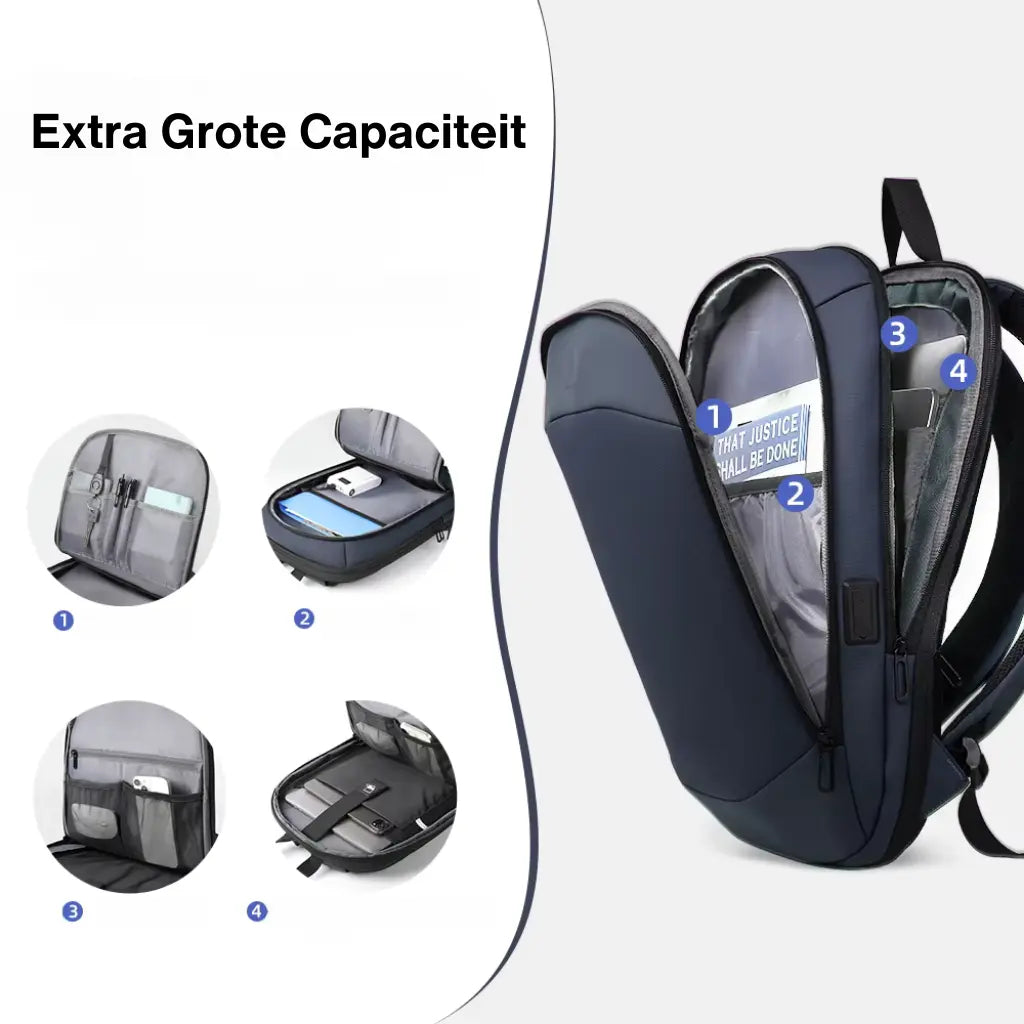 Een laptop rugzak dames 17 inch met extra grote capaciteit, getoond in verschillende hoeken. De rugzak heeft meerdere compartimenten voor efficiënte organisatie, waaronder speciale vakken voor laptop, tablet, telefoon en andere accessoires. De blauwe rugzak heeft genummerde details die de verschillende opbergmogelijkheden aangeven.