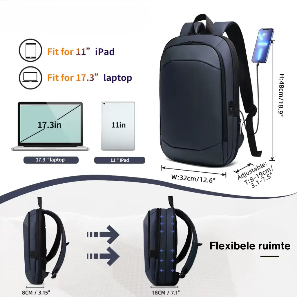 Een veelzijdige laptop rugzak dames 17 inch met flexibele ruimte die past voor zowel een 17,3 inch laptop als een 11 inch iPad. De afbeelding toont de afmetingen van de rugzak (hoogte 48cm, breedte 32cm) en illustreert hoe de dikte kan worden aangepast van 8cm tot 18cm voor extra opslagruimte.