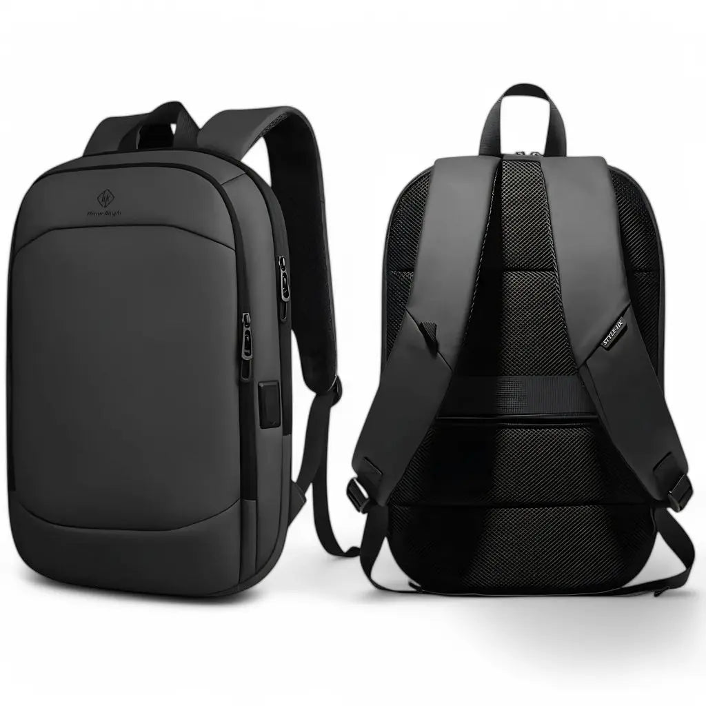 Laptop rugzak dames 17 inch zwart, getoond van de voor- en achterkant, met gewatteerde schouderbanden en ademend rugpaneel voor maximaal draagcomfort.