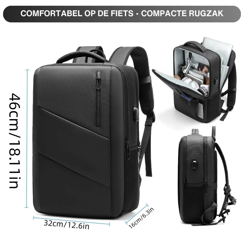 Zwarte laptoprugzak voor heren van 15 inch met afmetingen van 46 cm hoogte, 32 cm breedte en 16 cm diepte, ideaal voor dagelijks gebruik.