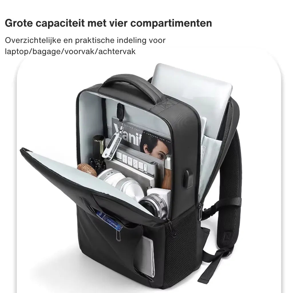 Een open laptop rugzak heren 15 inch die de vier praktische compartimenten toont. De afbeelding laat zien hoe een laptop, tijdschriften, koptelefoon, camera en andere accessoires netjes georganiseerd kunnen worden. De tekst beschrijft de overzichtelijke en praktische indeling voor laptop, bagage, voorvak en achtervak, wat deze rugzak ideaal maakt voor zowel werk als reizen.