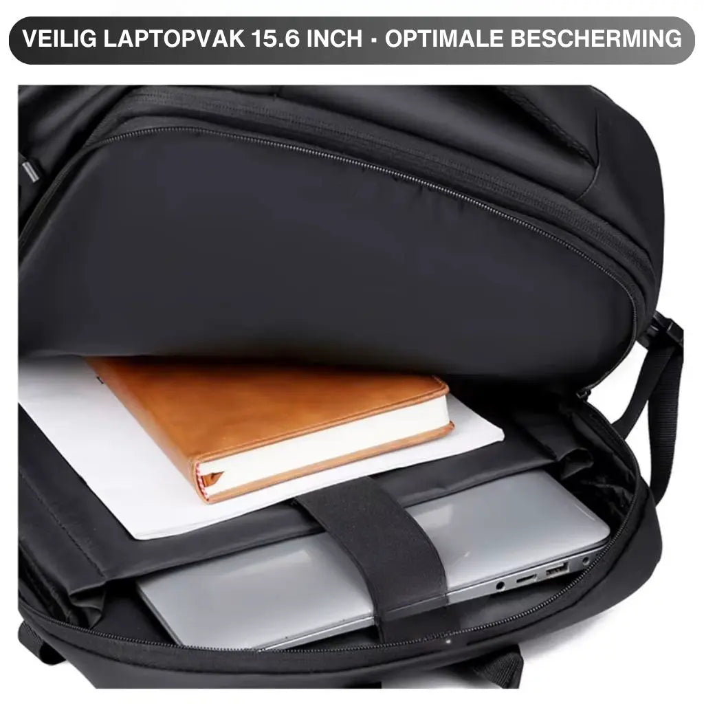 Veilig gewatteerd laptopvak van een zwarte laptoprugzak voor heren van 15 inch, met een laptop, een boek en een notitieboek erin.