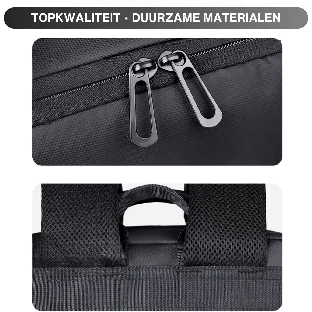 Laptop rugzak heren 15 inch in zwarte kleur, met een strak en modern ontwerp, een verticaal ritsvak aan de voorkant en een stevige handgreep.