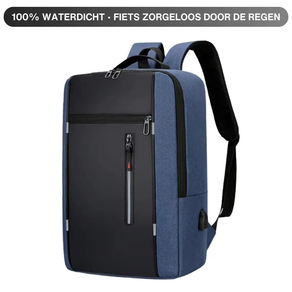 Een laptop rugzak heren 15.6 inch compact blauw met de tekst "100% waterdicht - fiets zorgeloos door de regen" erboven. De afbeelding toont de rugzak onder een hoek, met zichtbare USB-laadpoort aan de zijkant en ergonomische zwarte schouderbanden. De waterdichte eigenschappen maken deze rugzak perfect voor het Nederlandse klimaat en dagelijks woon-werkverkeer.