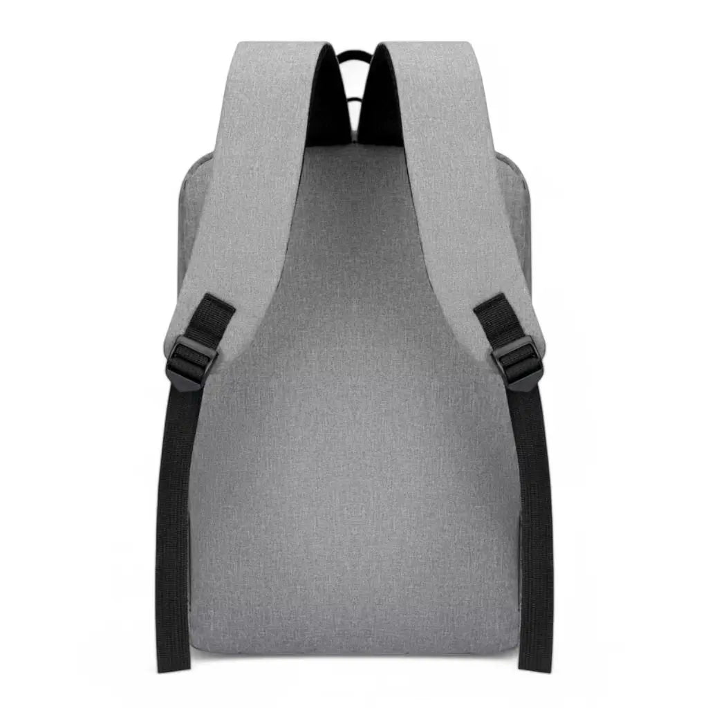De achterkant van een laptop rugzak heren 15.6 inch compact grijs, die de ergonomische schouderbanden en het rugpaneel toont. De verstelbare zwarte schouderbanden zijn goed gepolsterd voor optimaal draagcomfort, zelfs bij langdurig gebruik. Het ontwerp biedt goede ventilatie en ondersteuning voor de rug.