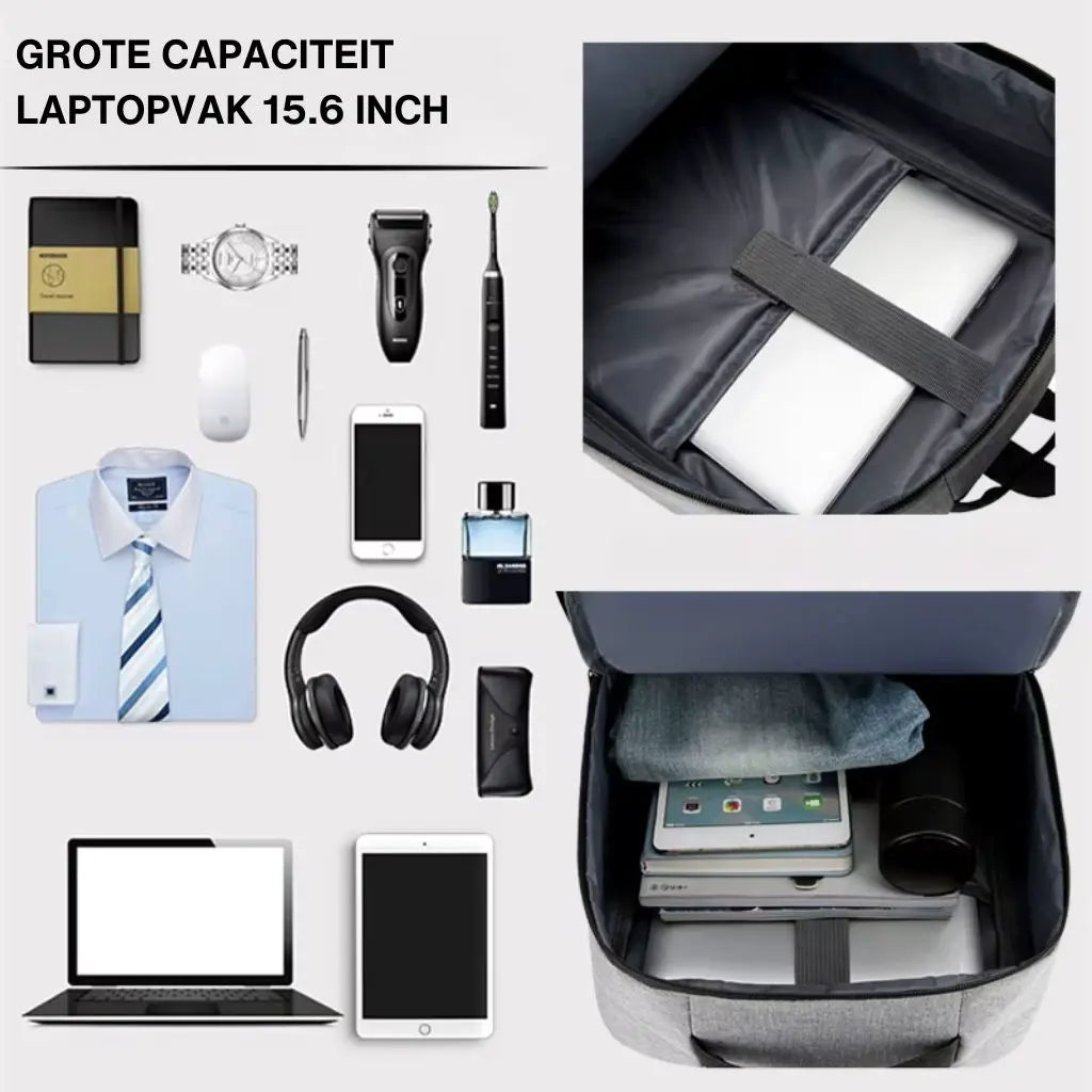 Een informatieve afbeelding over de "grote capaciteit laptopvak 15.6 inch" van de laptop rugzak heren 15.6 inch compact grijs. Links toont diverse items die in de rugzak passen (laptop, tablet, kleding, accessoires), terwijl rechts het ruime interieur met speciale vakken en bevestigingsbanden voor apparaten te zien is. Deze rugzak combineert compactheid met verrassend veel opbergruimte.