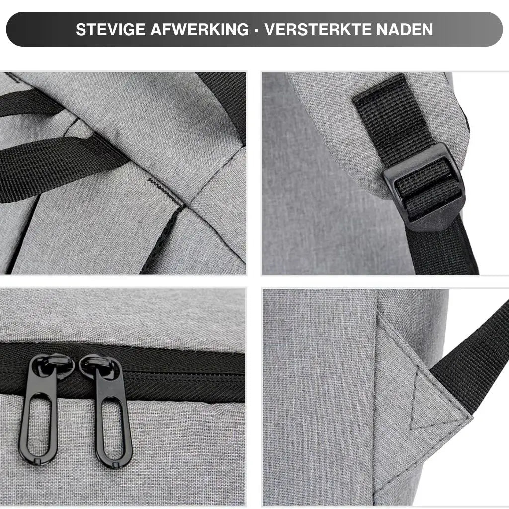 Detail opnames van een laptop rugzak heren 15.6 inch compact grijs die de "stevige afwerking en versterkte naden" tonen. De vier close-up foto's laten de hoogwaardige stiksels, sterke gespen, duurzame ritsen en verstevigde hoeken zien, wat de kwaliteit en duurzaamheid van de rugzak benadrukt.