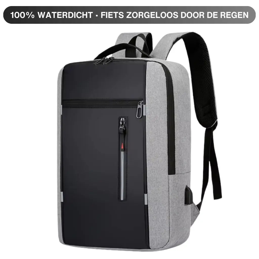 Een laptop rugzak heren 15.6 inch compact grijs met de tekst "100% waterdicht - fiets zorgeloos door de regen" erboven. De afbeelding toont de waterdichte eigenschappen van de rugzak, waardoor deze perfect is voor het Nederlandse klimaat. De rugzak biedt optimale bescherming voor elektronica tijdens regenachtige dagen.