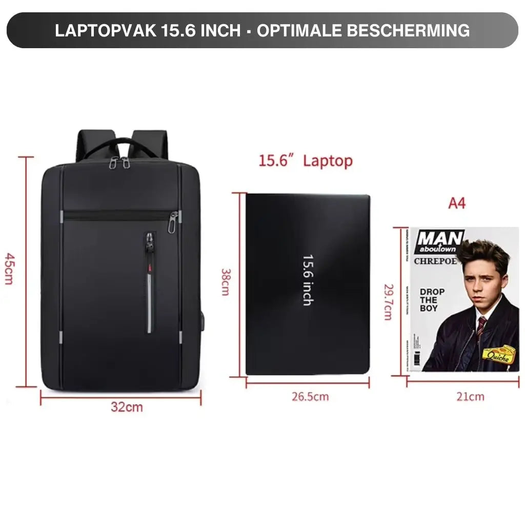 Een informatieve afbeelding over een laptop rugzak heren 15.6 inch compact zwart met als titel "Laptopvak 15.6 inch - optimale bescherming". De illustratie toont de precieze afmetingen van de rugzak (45cm hoog, 32cm breed) en vergelijkt deze met een 15.6 inch laptop (38cm x 26.5cm) en een A4-tijdschrift. Deze visuele vergelijking demonstreert de compacte maar functionele grootte van de rugzak.