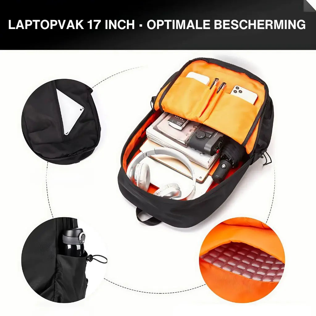 Binnenaanzicht van een laptop rugzak heren 17 inch met oranje voering die de inhoud toont met Nederlandse tekst "Laptopvak 17 inch - optimale bescherming", inclusief vakken voor hoofdtelefoon, camera en andere Elektronische apparaten.