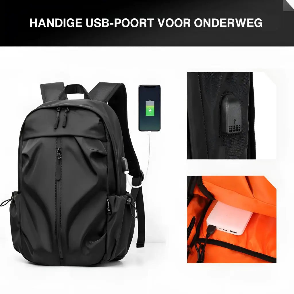 Demonstratie van de USB-laadfunctie van een laptop rugzak heren 17 inch met Nederlandse tekst "Handige USB-poort voor onderweg", waarmee gebruikers hun apparaten kunnen opladen terwijl ze hun laptop rugzak heren 17 inch dragen.