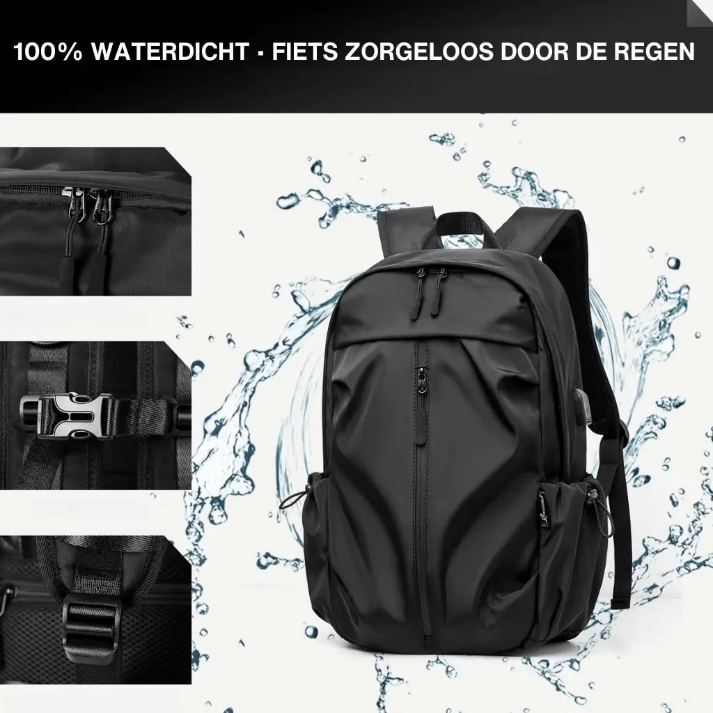 Afbeelding die de waterdichte eigenschappen toont van de laptop rugzak heren 17 inch met Nederlandse tekst "100% waterdicht - fiets zorgeloos door de regen", ideaal voor het Nederlandse klimaat en woon-werkverkeer met de fiets.