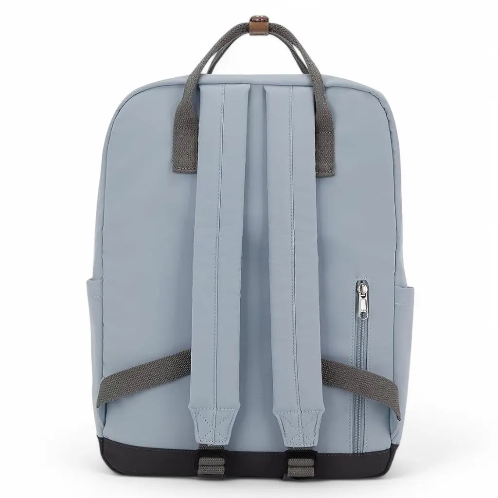 Achteraanzicht van de laptop rugzak 14 inch meiden blauw, met verstelbare grijze schouderbanden, een stevige rugleuning en een handige zijrits voor snelle toegang tot kleine items.