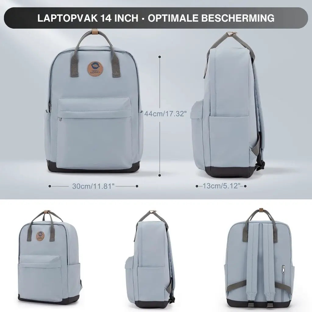 Informatieve weergave van een laptop rugzak 14 inch meiden blauw met gedetailleerde afmetingen: 44cm hoogte, 30cm breedte en 13cm diepte, perfect geschikt voor een 14-inch laptop, getoond vanuit verschillende hoeken.