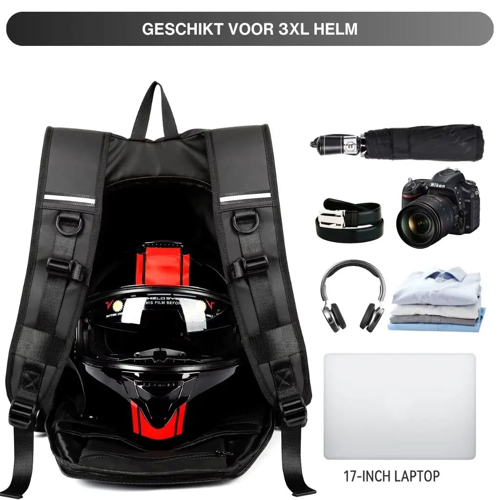 Zwarte laptoprugzak voor motor van 17 inch, open met een motorhelm binnenin, geschikt voor grote helmen en extra accessoires.