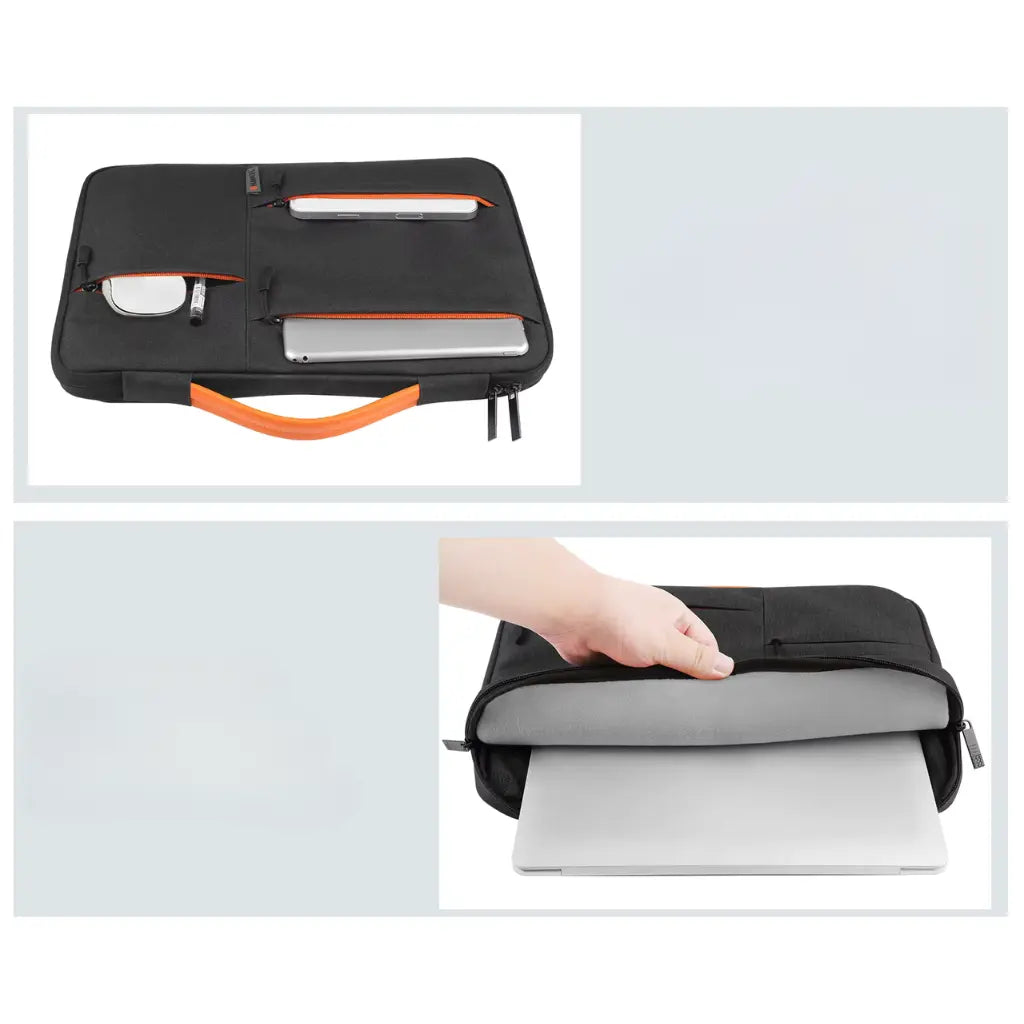 Binnenaanzicht van laptop sleeve 13 inch met handvat met zakken voor accessoires en apparaten