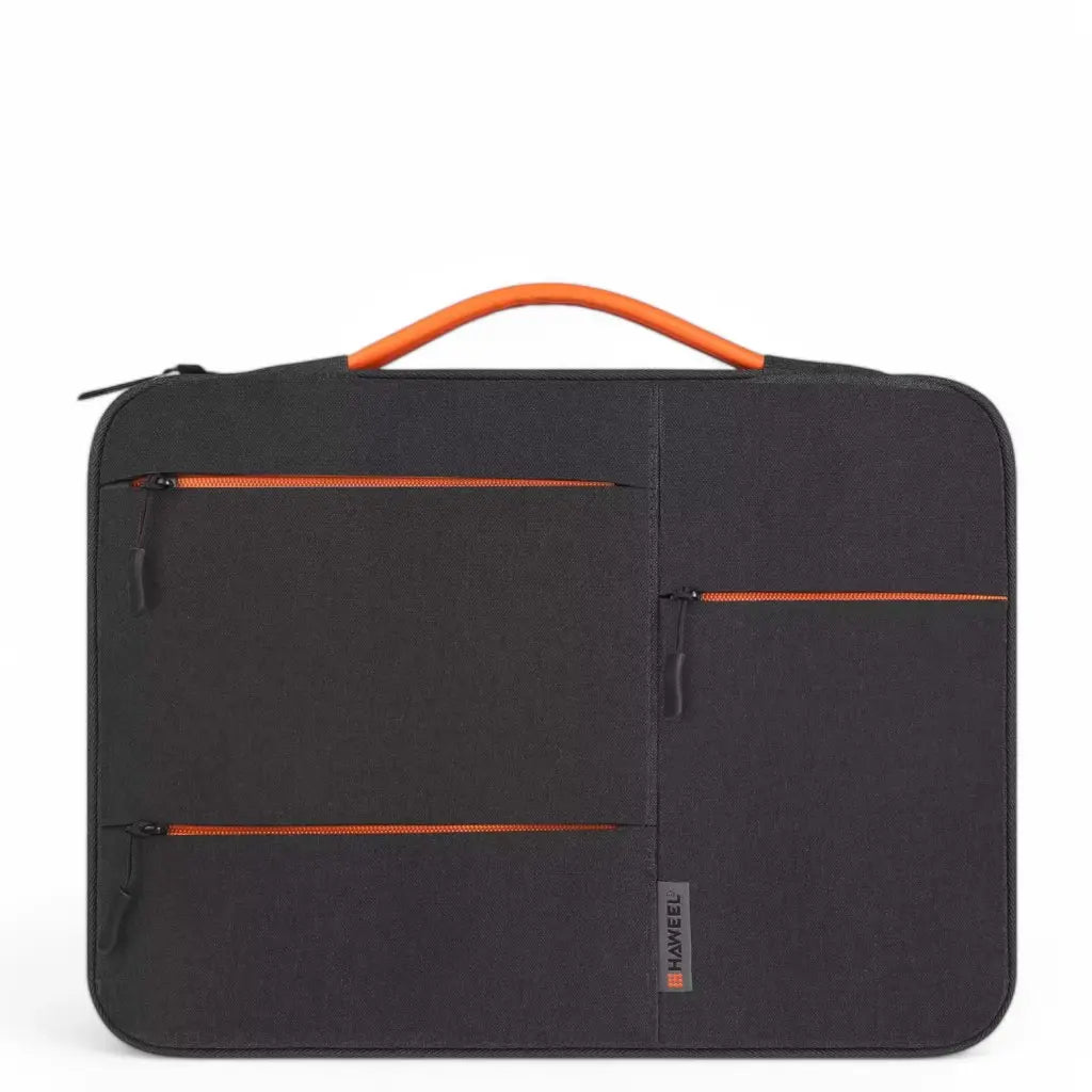 Zwarte laptop sleeve 13 inch met handvat in oranje kleur en meerdere compartimenten voor accessoires