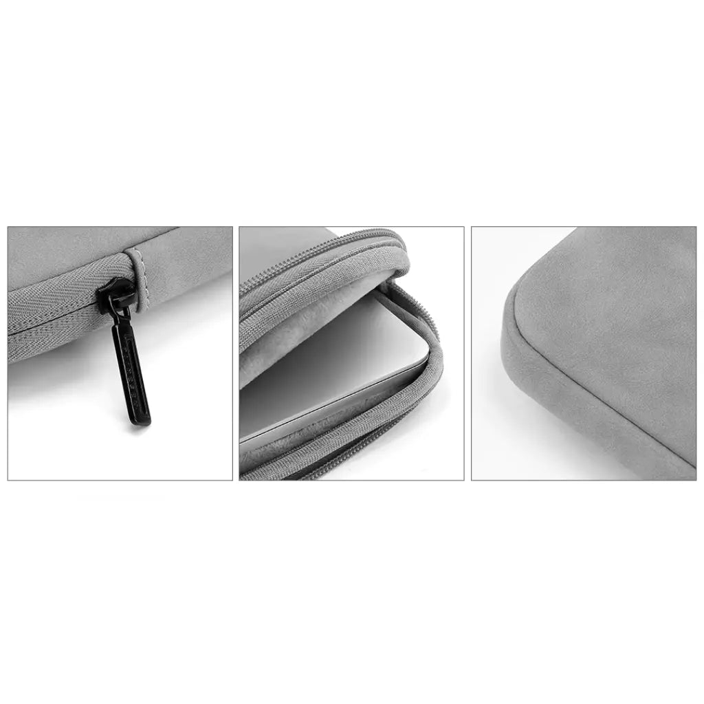 Close-up details van grijze laptop sleeve 14 inch tonen rits, materiaal en afwerking