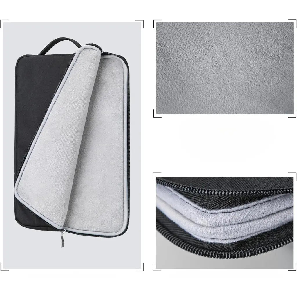 Laptop sleeve with zipper geopend toont zachte voering en constructiedetails met rits