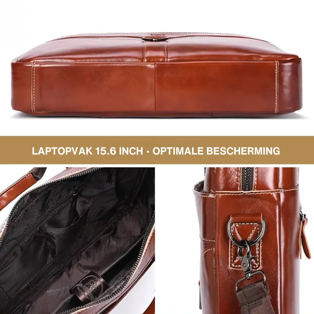 Bovenaanzicht van laptoptas cognac heren 15 inch met tekst "LAPTOPVAK 15.6 INCH - OPTIMALE BESCHERMING" en detailfoto's van binnenkant.