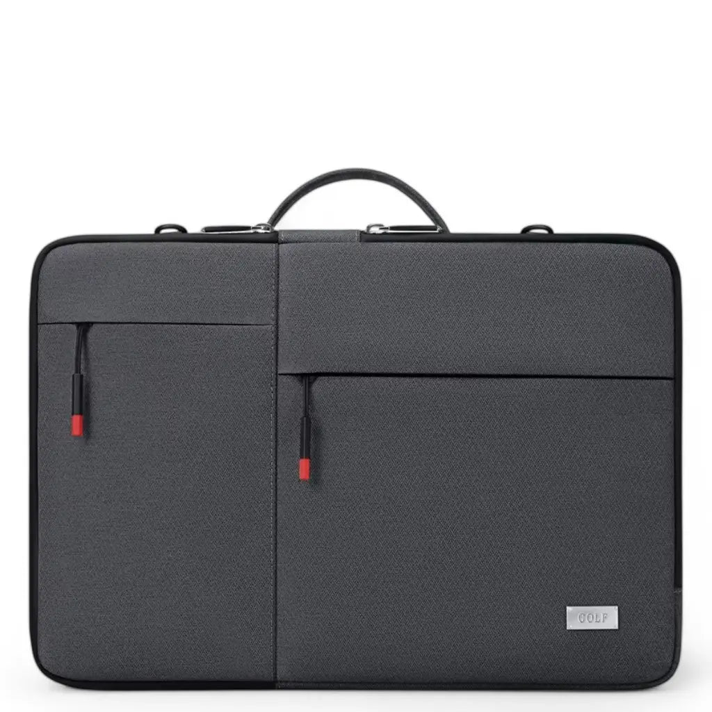GOLF laptoptas dames schokbestendig in antracietgrijs met handgreep, twee compartimenten met rode ritssluitingen en robuust beschermend exterieur voor optimale laptopbescherming.