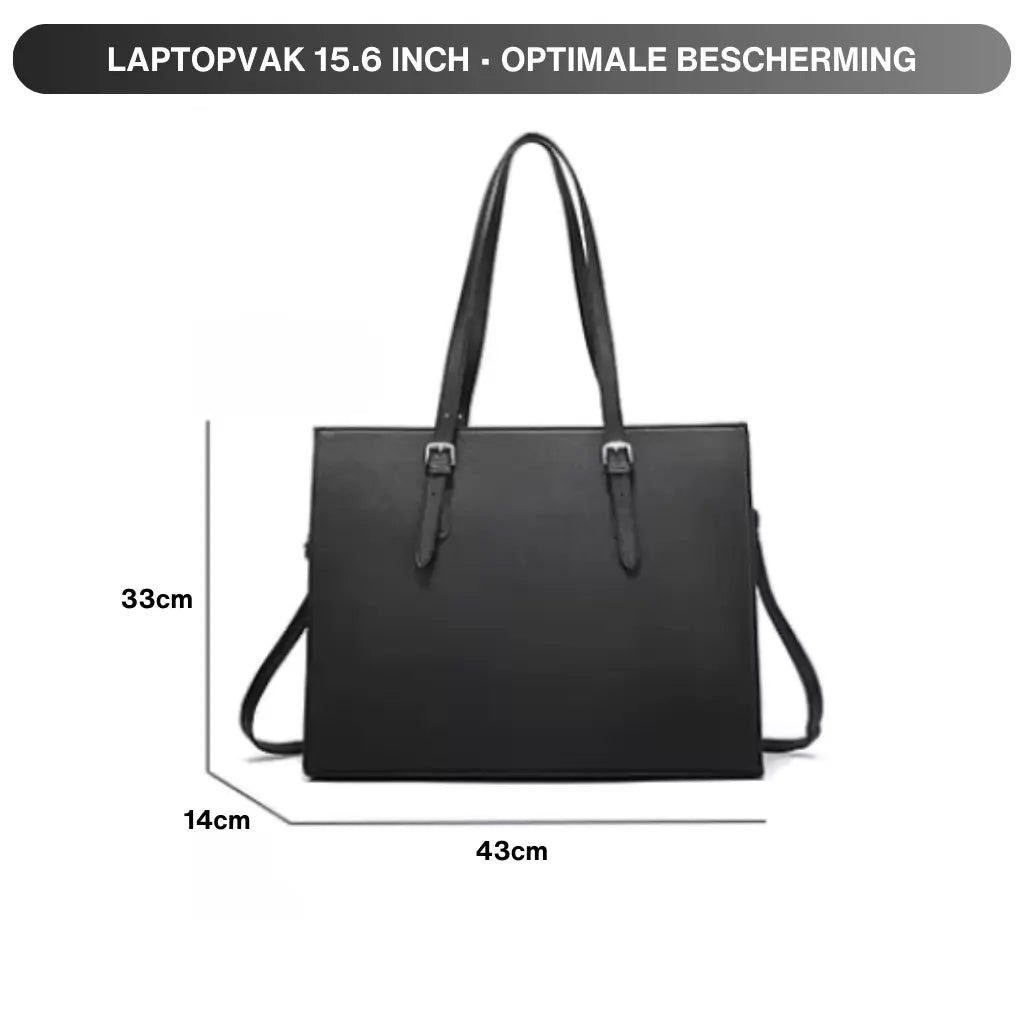 Technische specificaties van de laptoptas shopper 15.6 inch met afmetingen: 43cm breed, 33cm hoog en 14cm diep, inclusief "OPTIMALE BESCHERMING" label.