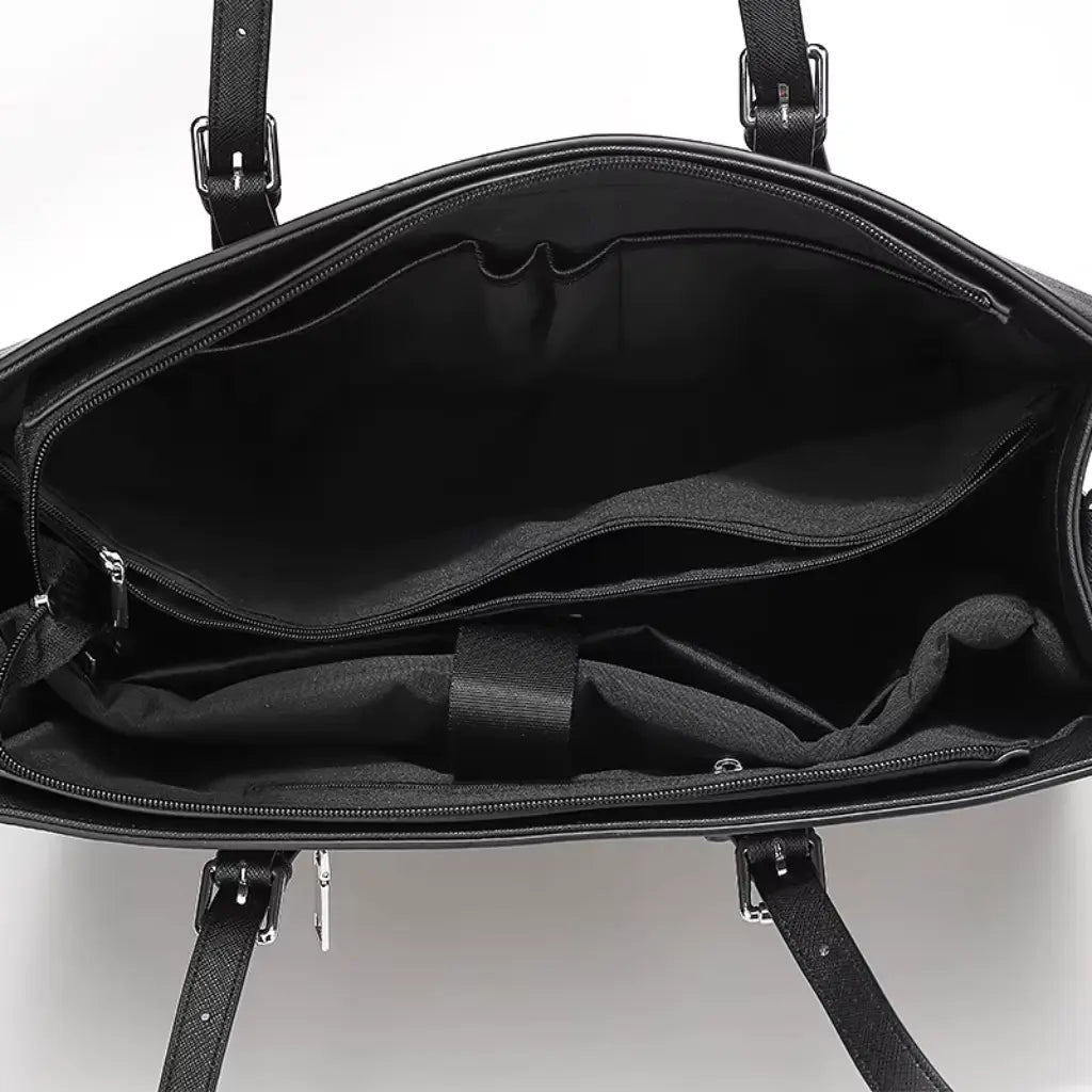 Bovenaanzicht van het lege interieur van de laptoptas shopper 15.6 inch, toont de verschillende vakken en de kwaliteitsafwerking.