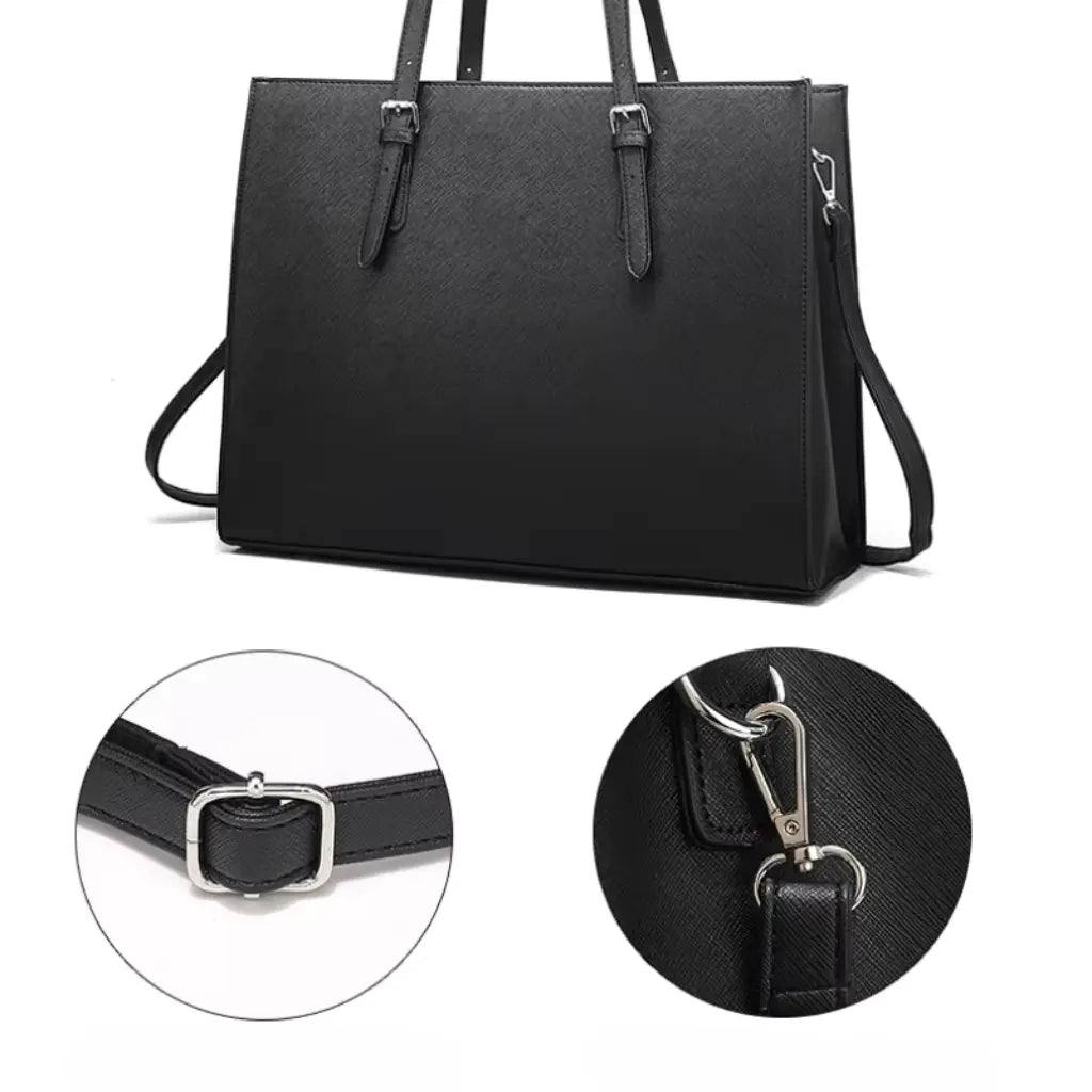 Laptoptas shopper 15.6 inch getoond met close-up van de hoogwaardige metalen gespen en bevestigingsdetails voor de draagriemen.