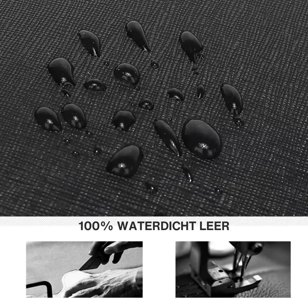Close-up van het waterdichte materiaal van de laptoptas shopper 15.6 inch met waterdruppels die eraf parelen, aangeduid als "100% WATERDICHT LEER".