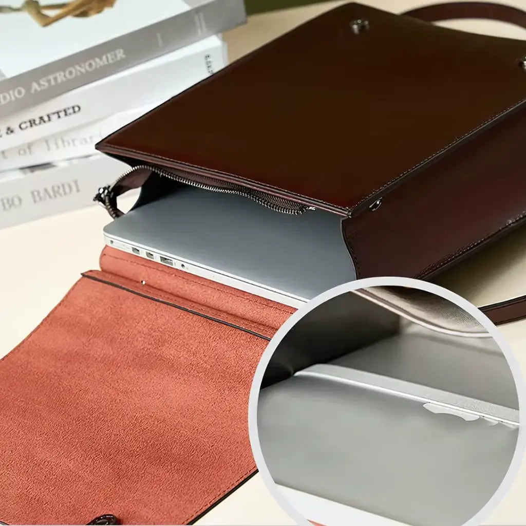 Interieur van een leren laptop rugzak 13 inch, met een gevoerd laptopvak en een veilige ritssluiting om een laptop en andere accessoires te beschermen.