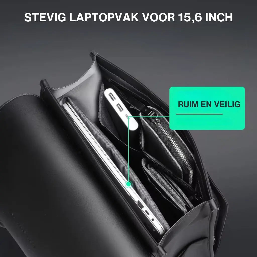 Binnenaanzicht van een leren laptop rugzak 15.6 inch met ruime compartimenten en opbergvakken, Nederlandse tekst geeft aan "Stevig laptopvak voor 15,6 inch" met beschrijving "Ruim en veilig" voor optimale bescherming van elektronische apparaten in deze leren laptop rugzak 15.6 inch.