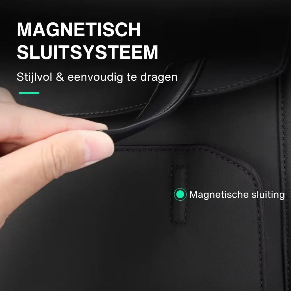 Close-up van het magnetische sluitsysteem van een leren laptop rugzak 15.6 inch met Nederlandse tekst "Magnetisch sluitsysteem" en "Stijlvol & eenvoudig te dragen", demonstreert het gebruiksgemak en de elegante functionaliteit van deze leren laptop rugzak 15.6 inch.