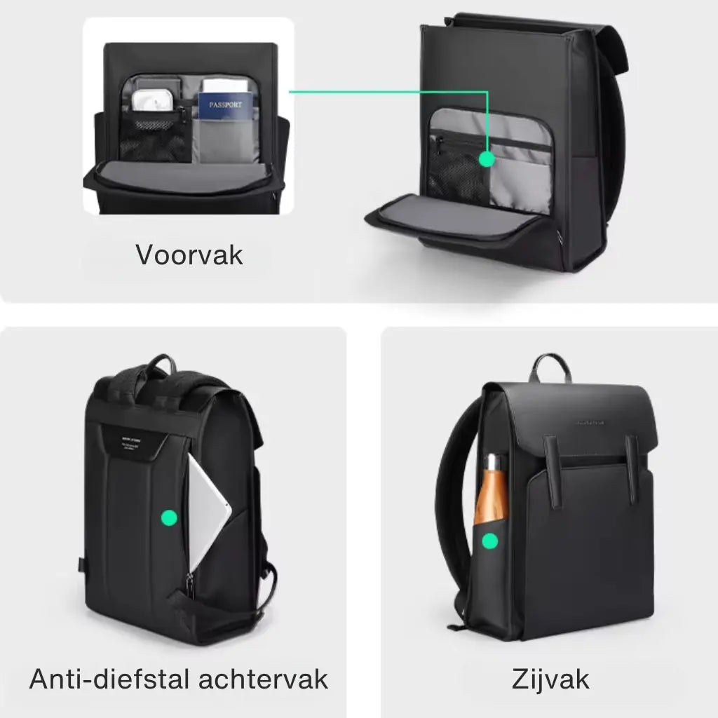 Detailoverzicht van de verschillende compartimenten in een leren laptop rugzak 15.6 inch met labels voor "Voorvak", "Anti-diefstal achtervak" en "Zijvak", toont de intelligente organisatiemogelijkheden en praktische indeling van deze veelzijdige leren laptop rugzak 15.6 inch.