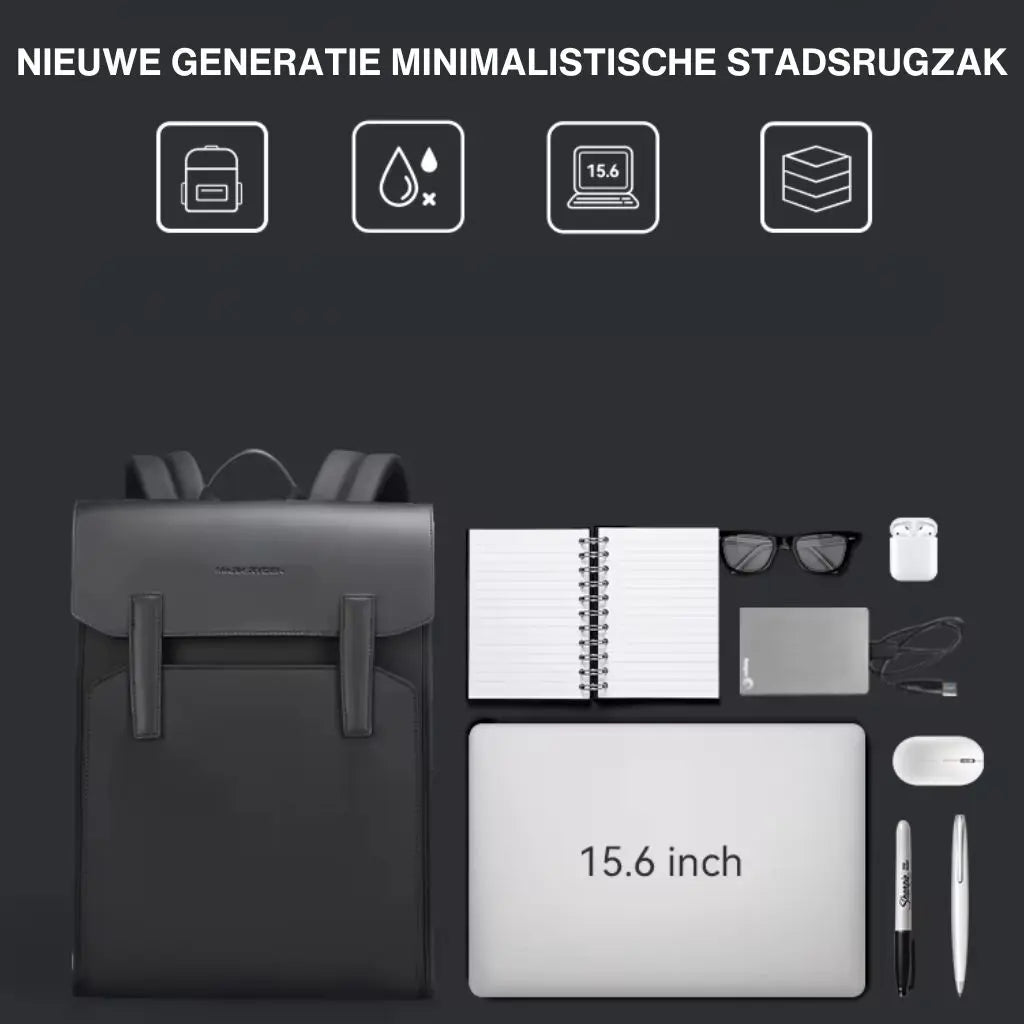 Infographic die de belangrijkste kenmerken van een leren laptop rugzak 15.6 inch toont met Nederlandse tekst "Nieuwe generatie minimalistische stadsrugzak" en pictogrammen voor waterdichtheid, laptopvak en capaciteit, perfect voor moderne professionals die een leren laptop rugzak 15.6 inch zoeken.