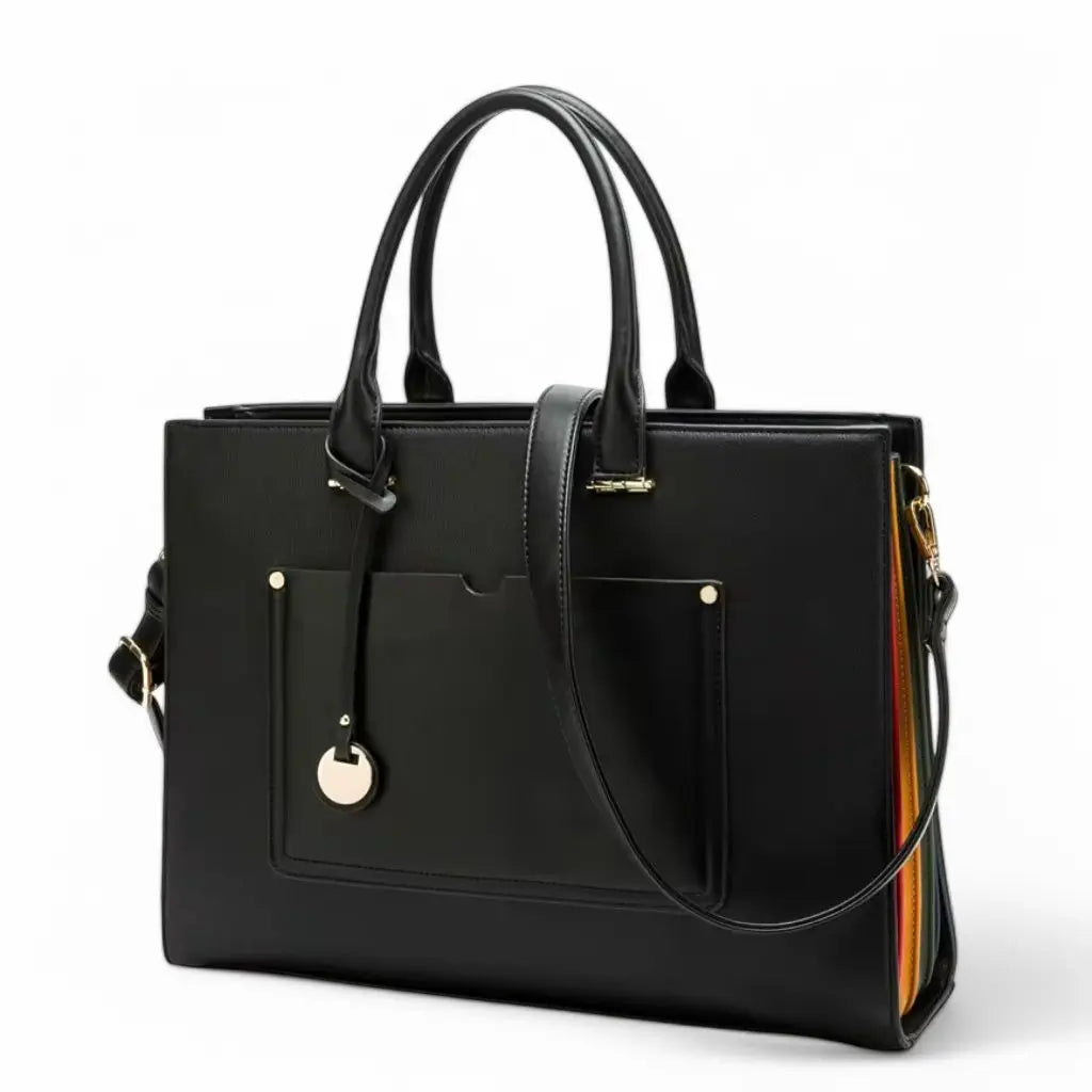 Leren laptoptas dames 13 inch in elegant zwart met stijlvolle handgrepen, een praktisch voorvak met decoratieve hanger, verstelbare schouderband en een regenboogkleurig interieur, perfect voor zakelijke en dagelijkse activiteiten.