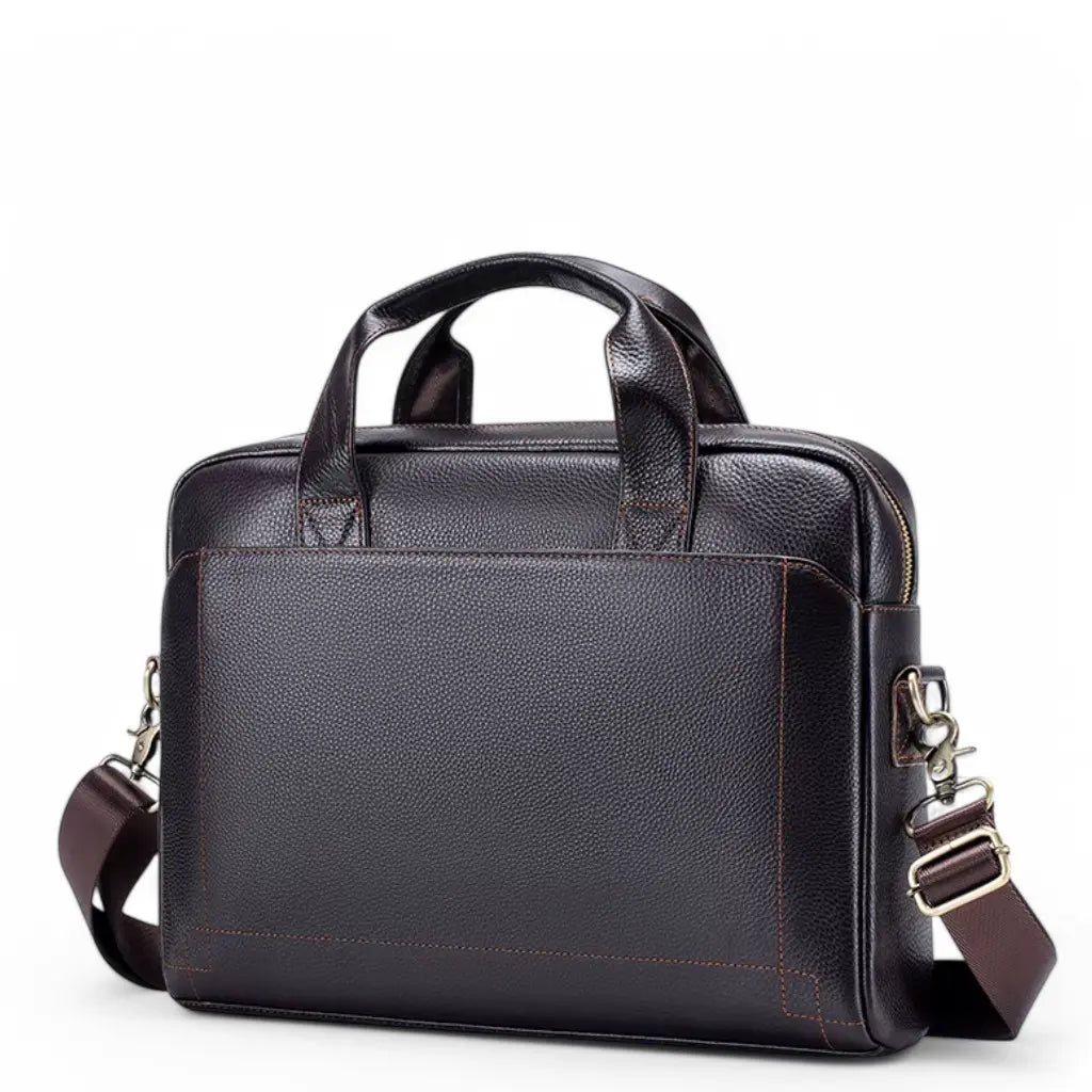 Donkerbruine leren laptoptas heren 13.3 inch met stevige handgrepen en schouderband van premium kwaliteitsleer.