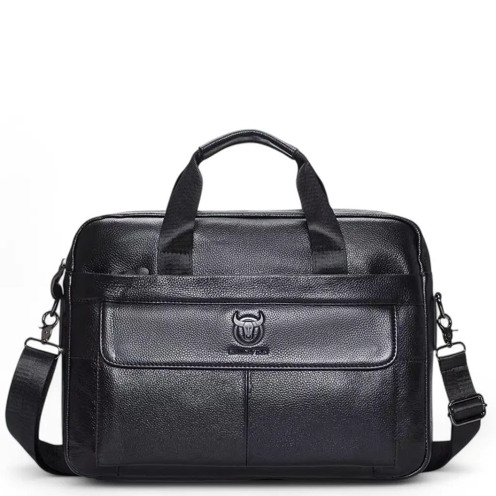 Elegante leren laptoptas heren 16 inch zwart met kenmerkend stierlogo, gemaakt van hoogwaardig zwart leer met dubbele draagriemen, verstelbare schouderband en praktische ritssluiting voor zakelijk gebruik.